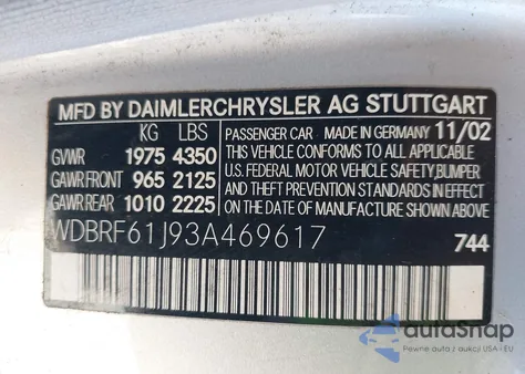 2003 Mercedes-Benz C 240 from USA, damaged, VIN WDBRF61J93A469617